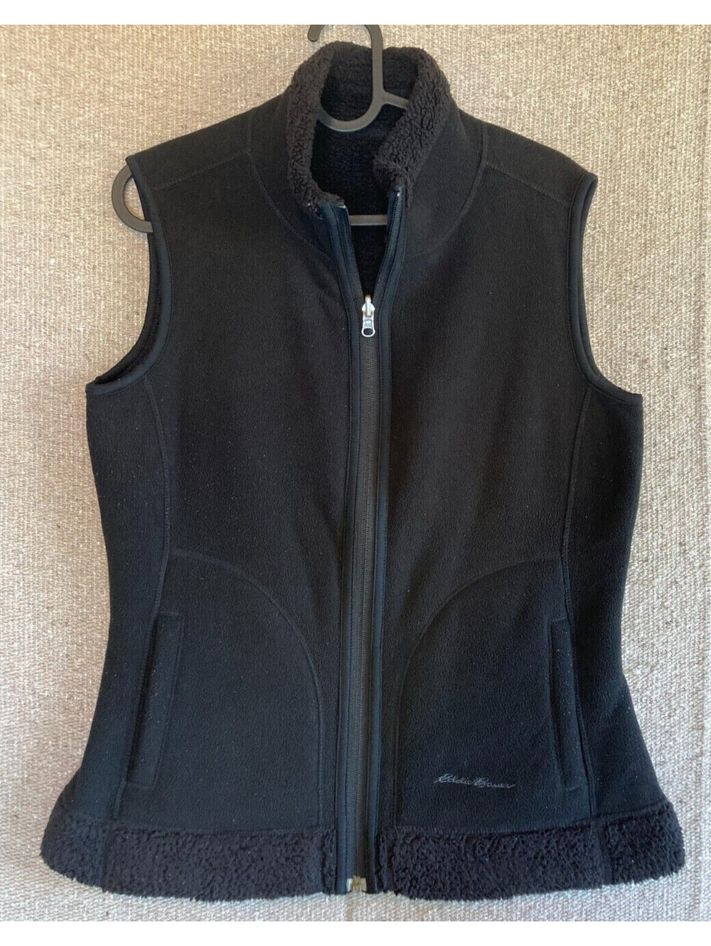 Womens Sz Medium Eddie Bauer Black Sherpa Lined Vest Full Zip Fleece